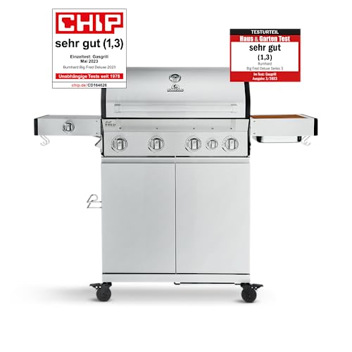 BURNHARD 4-Brenner Gasgrill Big FRED Deluxe Series 3 inkl. Backburner, 900°C Infrarot-Keramikbrenner, Seitenkochfeld, Gusseisen-Grillrost, Grillabdeckung, Edelstahl Grillwagen + klappbare Seitentische von BURNHARD