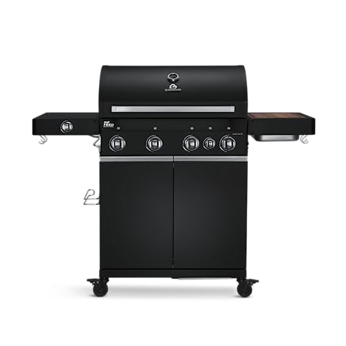 BURNHARD 4-Brenner Gasgrill Big FRED Deluxe Black Series 3 inkl. Backburner, 900°C Infrarot-Keramikbrenner, Seitenkochfeld, Edelstahl-Grillrost, Grillabdeckung, Grillwagen + klappbare Seitentische von BURNHARD