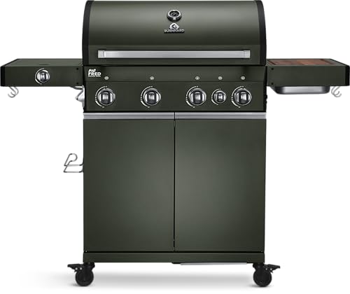 BURNHARD 4-Brenner Gasgrill Big FRED GREEN inkl. Backburner 900°C Infrarot-Keramikbrenner Seitenkochfeld Gusseisen-Grillrost Grillabdeckung Grillwagen + klappbare Seitentische von BURNHARD