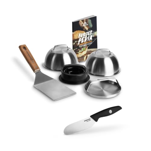 BURNHARD Burger-Set 7-TLG. inkl. Burger Bun Messer - Burgerpresse, Wender, Smasher, 2 Melting Domes aus Edelstahl und Rezeptheft von BURNHARD