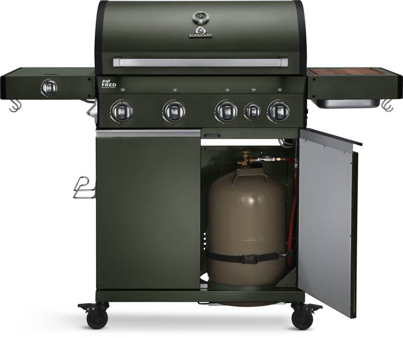 BURNHARD Gasgrill Big Fred, 4-Brenner, 900 Grad Infrarot-Keramikbrenner, Heckbrenner, Edelstahlrost, Pulverbeschichteter Stahl, Green Edition von BURNHARD