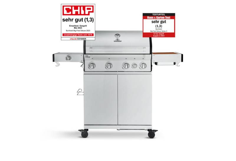 BURNHARD Gasgrill Big Fred, 4-Brenner, 900 Grad Infrarot-Keramikbrenner, klappbare Seitentische, Series 3, 20,2 kW, Gusseisenrost - Deluxe Edelstahl von BURNHARD