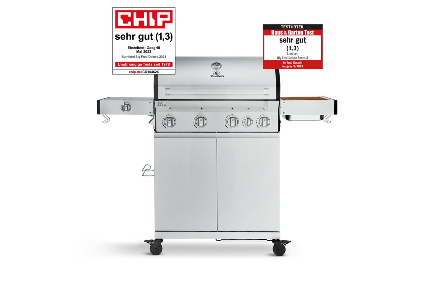 BURNHARD Gasgrill Big Fred, 4-Brenner, 900 Grad Infrarot-Keramikbrenner, klappbare Seitentische, Series 3, 20,2 kW, Edelstahlrost - Deluxe Edelstahl von BURNHARD