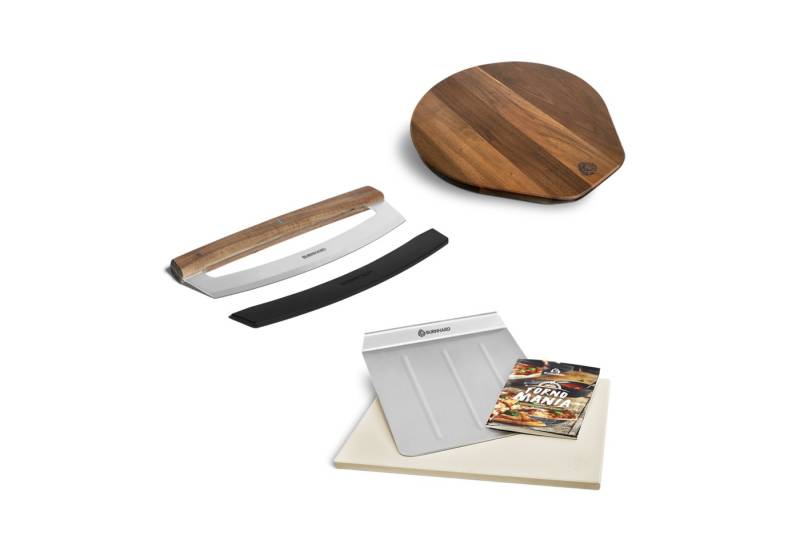 BURNHARD Pizzastein Universal rechteckig, Cordierit, Edelstahl, Akazienholz, (4-St), 38 x 30 x 1.5 cm inkl. Pizzaschieber, Pizzabrett & Wiegemesser von BURNHARD