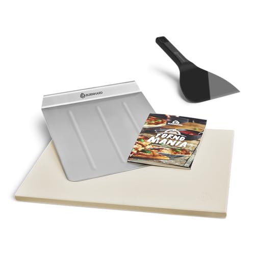 BURNHARD Pizzastein inkl. Pizzaschaufel & Teigspachtel, Für Gasgrill & Holzkohlegrill aus Cordierit und Edelstahl für Brot, Flammkuchen & Pizza, rechteckig - 45 x 35 x 1,5 cm von BURNHARD