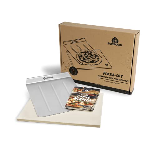 BURNHARD Pizzastein und Pizzaschaufel für Backofen, Gasgrill & Holzkohlegrill aus Cordierit und Edelstahl für Brot, Flammkuchen & Pizza, rechteckig - 38 x 30 x 1,5 cm von BURNHARD