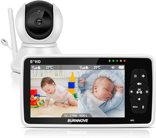 BURNNOVE Babyphone mit Kamera 5 Zoll Video Babyphone mit 720p LCD Bildschirm Split-Screen 4000mAh Akku 355°/120° PTZ Digitalzoom VOX-Modus Gegensprechfunktion Nachtsicht Schlaflieder Temperaturalarm von BURNNOVE
