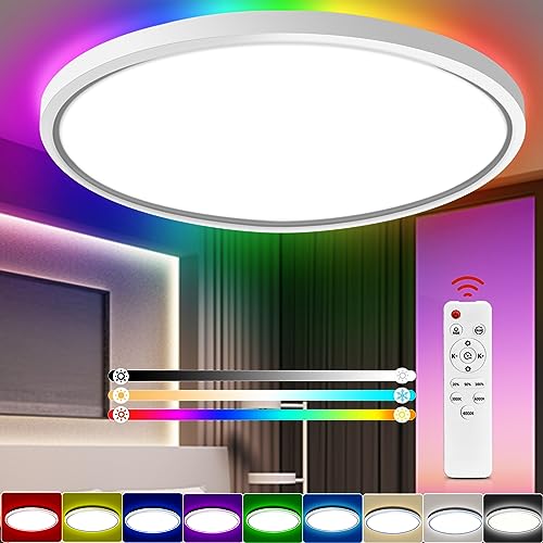 BURNNOVE Deckenleuchte 24W 3200LM LED-Deckenleuchte mit Fernbedienung 7 RGB-Farben IP54 Wasserdichtheit 3 Lichtmodi 3000K-6000K 10 Stufen der Farbtemperatur 8 Stufen der Helligkeit Speicherfunktion von BURNNOVE