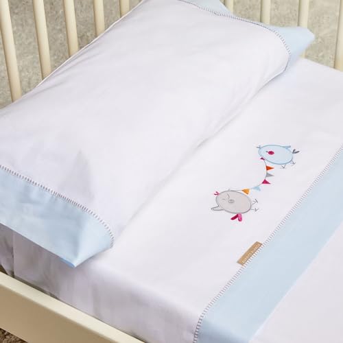 Burrito Blanco | Flanell-Bettlaken für Kinderbett, Bestickt, 511 Blau | für 70 cm Maxibett (+ Maße verfügbar) | Babybettlaken von BURRITO BLANCO