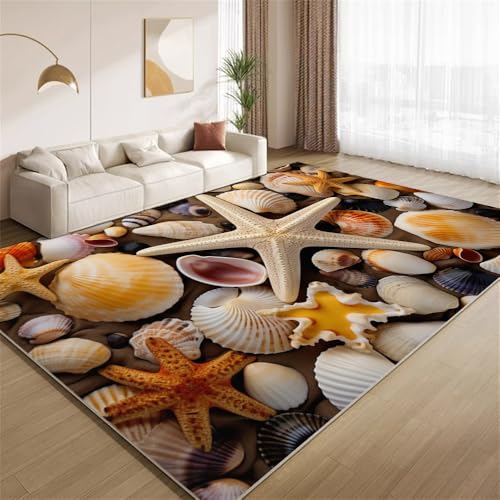 BURUNG Seestern-Muschel-Küste Teppich 150x210 cm Küstenmeer Weich Kunstwolle Wohnzimmer Teppich Kurzflor Waschbarer rutschfeste Teppiche für Schlafzimmer, Büro, Esszimmer von BURUNG