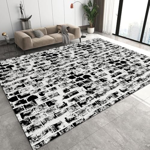Teppich für den Wohnzimmerbereich mit alten Wandfliesen, schwarz-weißer, niedrigfloriger Schlafzimmerteppich, weicher rutschfester Teppich im modernen Stil waschbarer Teppich für Lesezimmer 120x150cm von BURUNG