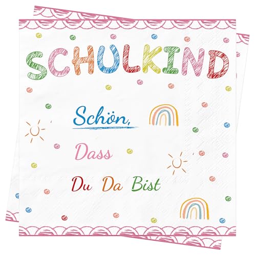 60Stück 3-lagig Servietten Schulanfang Einschulung Deko Servietten Schulkind Einschulung Schuleinführung Tischdeko Mädchen mit Zuckertüte Schulanfang Tischdeko Servietten mit Spruch 33x33cm von BUSCANDO
