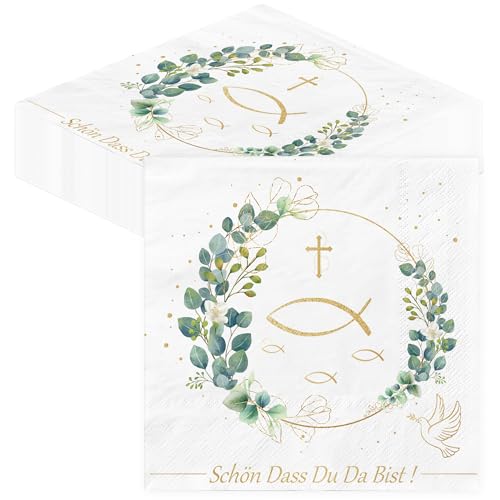 Servietten Kommunion Taufe Konfirmation Deko - 40Stück Buscando Fisch Servietten Taufe Schön Dass Du Da Bist Eukalyptus Grün Kommunion Konfirmation Tischdeko Papierservietten 33x33cm Einwegserviette von BUSCANDO