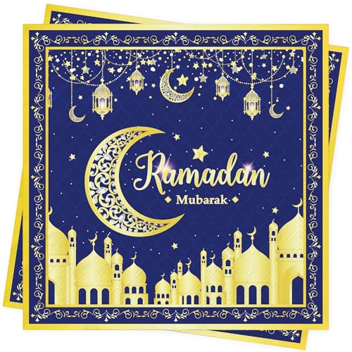 BUSCANDO Servietten Ramadan Eid-Mubarak Dekoration - Servietten Ramadan Mubarak Tischdekoration Papierservietten für Eid Ramadan Deko Napkins 33x33cm (40, Blau) von BUSCANDO