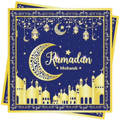 BUSCANDO Servietten Ramadan Eid-Mubarak Dekoration - Servietten Ramadan Mubarak Tischdekoration Papierservietten für Eid Ramadan Deko Napkins 33x33cm (80, Blau) von BUSCANDO