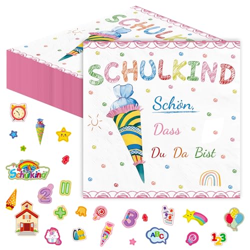 BUSCANDO 3-lagige Schulanfang Servietten - 40 Stück, 33 cm x 33 cm, Mädchen Design, Konfetti Aufkleber, Einschulung Deko von BUSCANDO
