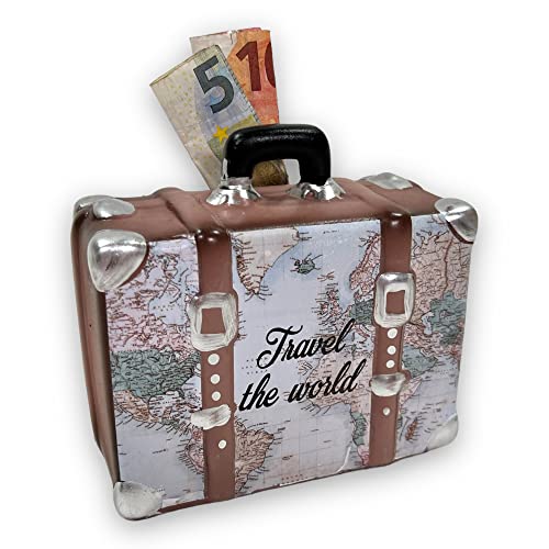 BUSDUGA 4046 Sparkasse Koffer Braun Travel The World Sparschwein Urlaubskasse Reisekoffer Spardose von BUSDUGA