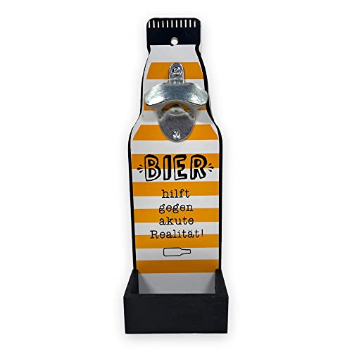 BUSDUGA 4088 Wand-Flaschenöffner -Bier hilft gegen akute Realität- Metallöffner Kronkorkensammler Wandobjekt, 30x10x6,5cm (Gelb) von BUSDUGA