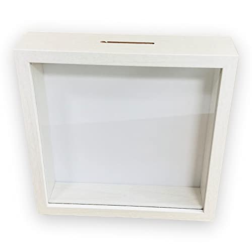 BUSDUGA 4114 Sparkasse Holzoptik weiß, zum selbst gestalten 20x20x5 cm, Bilderrahmen blanko Spardose DIY Geldgeschenk (Holzoptik Weiß) von BUSDUGA