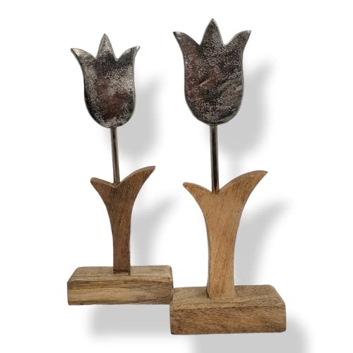 BUSDUGA 4120 Aufsteller Tulpe 2er Set aus Mangoholz, 26,5x10x5cm, Tischdeko Frühling Ostern Skulptur von BUSDUGA
