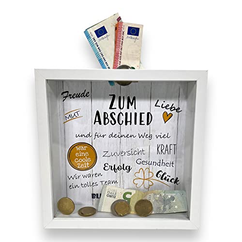 BUSDUGA 4194 Sparkasse „Zum Abschied“ Bilderrahmen 20x20x5cm, Spardose Abschiedsgeschenk (Weiß) von BUSDUGA