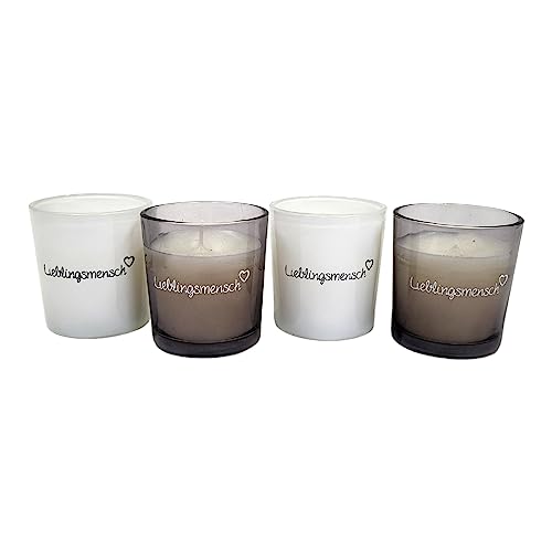 BUSDUGA 4330 4er Set Kerzen im Glas LIEBLINGSMENSCH, 7,5x7cm, grau-braun+weiß, Windlicht Kerzenhalter von BUSDUGA