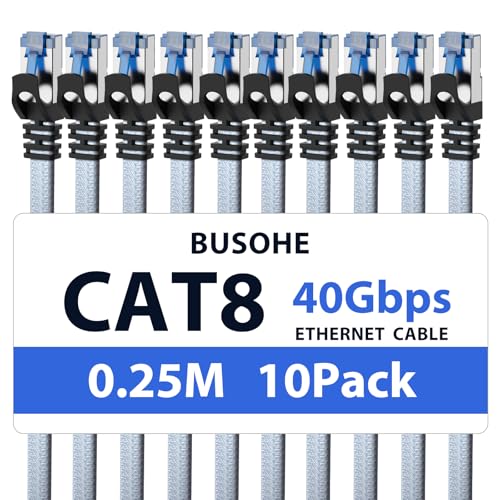 BUSOHE Cat 8 LAN Kabel 0,25m (10-Stück), 40Gbps 2000MHz Ethernet Kabel Netzwerkkabel, Flach Hochgeschwindigkeits Gigabit RJ45 Patchkabel, Geflochtener Internet Kabel Kompatibel mit PC, Router, Modem von BUSOHE