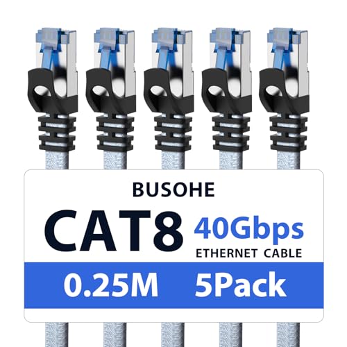 BUSOHE Cat 8 LAN Kabel 0,25m (5-Stück), 40Gbps 2000MHz Ethernet Kabel Netzwerkkabel, Flach Hochgeschwindigkeits Gigabit RJ45 Patchkabel, Geflochtener Internet Kabel Kompatibel mit PC, Router, Modem von BUSOHE