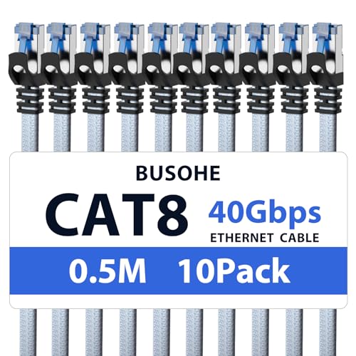 BUSOHE Cat 8 LAN Kabel 0,5m (10-Stück), 40Gbps 2000MHz Ethernet Kabel Netzwerkkabel, Flach Hochgeschwindigkeits Gigabit RJ45 Patchkabel, Geflochtener Internet Kabel Kompatibel mit PC, Router, Modem von BUSOHE