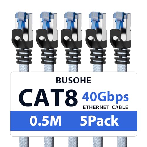 BUSOHE Cat 8 LAN Kabel 0,5m (5-Stück), 40Gbps 2000MHz Ethernet Kabel Netzwerkkabel, Flach Hochgeschwindigkeits Gigabit RJ45 Patchkabel, Geflochtener Internet Kabel Kompatibel mit PC, Router, Modem von BUSOHE