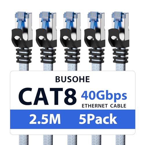 BUSOHE Cat 8 LAN Kabel 2,5m (5-Stück), 40Gbps 2000MHz Ethernet Kabel Netzwerkkabel, Flach Hochgeschwindigkeits Gigabit RJ45 Patchkabel, Geflochtener Internet Kabel Kompatibel mit PC, Router, Modem von BUSOHE
