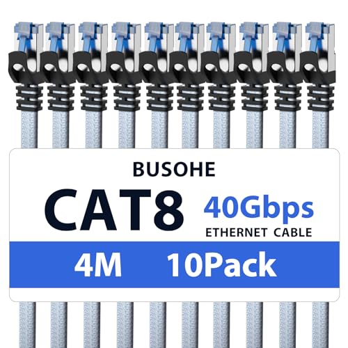 BUSOHE Cat 8 LAN Kabel 4m (10-Stück), 40Gbps 2000MHz Ethernet Kabel Netzwerkkabel, Flach Hochgeschwindigkeits Gigabit RJ45 Patchkabel, Geflochtener Internet Kabel Kompatibel mit PC, Router, Modem von BUSOHE
