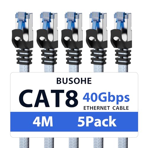 BUSOHE Cat 8 LAN Kabel 4m (5-Stück), 40Gbps 2000MHz Ethernet Kabel Netzwerkkabel, Flach Hochgeschwindigkeits Gigabit RJ45 Patchkabel,Nylon Geflochtener Internet Kabel für Router Modem PS5/4 Switch von BUSOHE