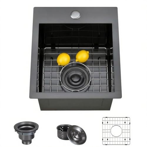 BUSVORES Drop In Küchenspüle, 304 Edelstahl, Schwarz, Einzelbecken, Topmount Spüle, Nano Laundry RV Tiefe Workstation Waschbecken mit Abflusssieb und Gitter (schwarz, 38,1 x 38,1 x 22,9 cm) von BUSVORES