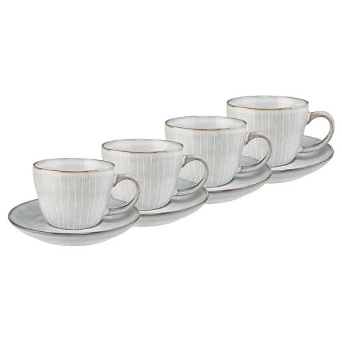 BUTLERS 4er Set Tassen mit Unterteller 270ml Keramik Geschirr -HENLEY- dickwandiges Set Kaffetassen Teetassen | Skandinavisches Landhaus Stil Deko | Mikrowelle, spülmaschinenfest von BUTLERS