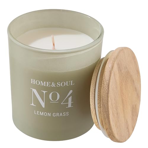 BUTLERS Duftkerze im Glas mit Holzdeckel -Lemon Grass No. 4 Home & Soul- Natürliche Sojawachs-Kerze 35 Std. Brenndauer | Aromakerzen & Aromatherapie-Duft für den Winter von BUTLERS