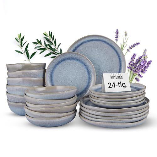 BUTLERS Geschirrset 6 Personen HILDA 24-tlg. Steingut Geschirr blau Tafelservice Landhaus | Speiseteller Frühstücksteller 6er Set, Schüssel Set, Pastateller | Mikrowellen- & spülmaschinenfest von BUTLERS