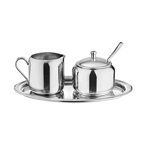 BUTLERS Milch- und Zucker-Set RITZ - Milchkännchen und Zuckerdose mit Löffel und Deckel auf Tablett - 5-tlg. Set aus Edelstahl, spülmaschinengeeignet von BUTLERS