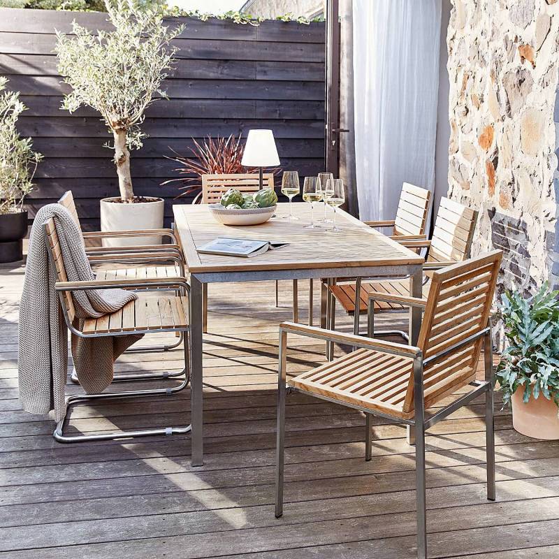 home24 Gartenstuhl 2er-Set Sitzfläche, Rücken- & Armlehne: Massivholz Teak, naturbelassen Gestell: Edelstahl, gebürstet Braun/Silber/Beige 55 x 86 x von home24