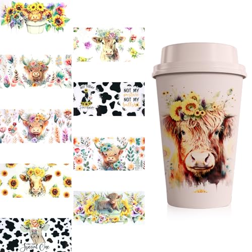 10 Sheets Cup Wrap Transfer Aufkleber Hochland Cow Cartoon Transfer Tasse Aufkleber wasserdichtes Übertragungsaufkleber Kratzfestes Transfer Tasse Wraps Aufkleber für Glasbecher Holz DIY Basteln von BUTORY