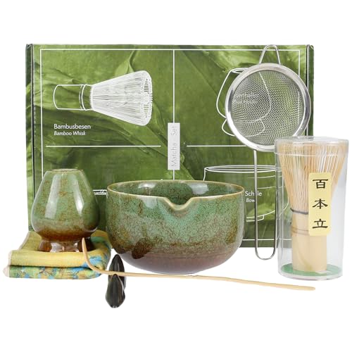 7 Stück Matcha Set Matcha Besen Set Matcha Schale Mit AusgießEr Matcha-Whisk Sieb TeelöFfel Matcha-Schneebesenhalter zubehör FüR Teeliebhaber((Grün Braun) von BUTORY