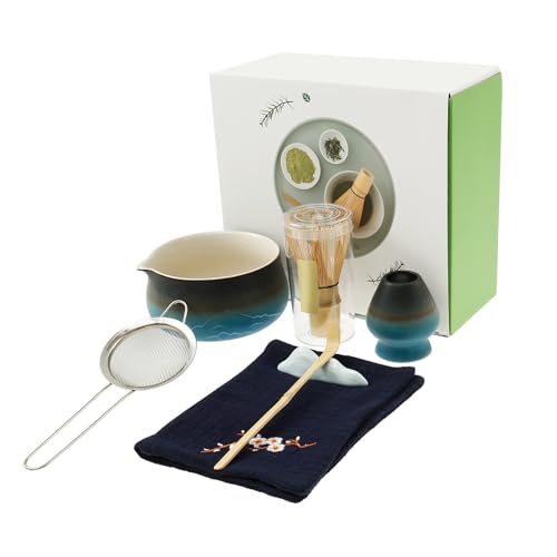 7 Stück Matcha Set mit Sieb Matcha Tee Set Besen Matchas Zubehör Matcha-Schale Farbverlauf mit Ausgießer (Blau) von BUTORY
