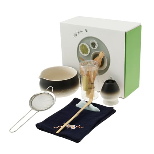7 Stück Matcha Set mit Sieb Matcha Tee Set Besen Matchas Zubehör Matcha-Schale Farbverlauf mit Ausgießer (Schwarz) von BUTORY