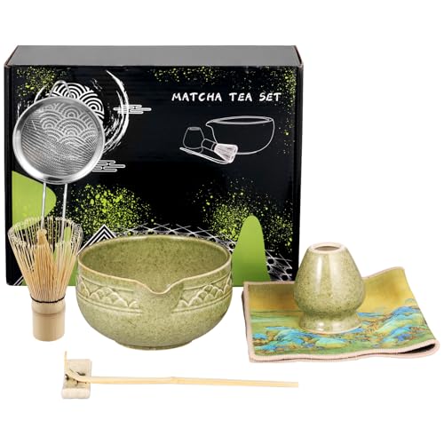 BUTORY 7 Stück Matcha Set Matcha Besen Set Matcha Schale Mit AusgießEr Matcha-Whisk Sieb TeelöFfel Matcha-Schneebesenhalter zubehör FüR Teeliebhaber((Deep Matcha Green) von BUTORY