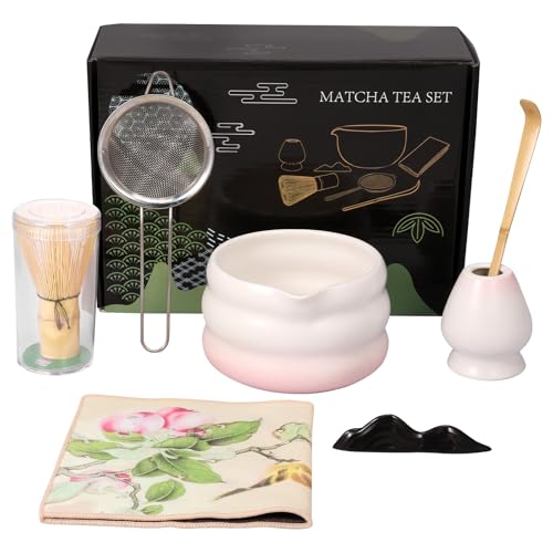 BUTORY 7 Stück Matcha Set Matcha Besen Set Matcha Schale Mit AusgießEr Matcha-Whisk Sieb TeelöFfel Matcha-Schneebesenhalter zubehör FüR Teeliebhaber((weiß rosa) von BUTORY