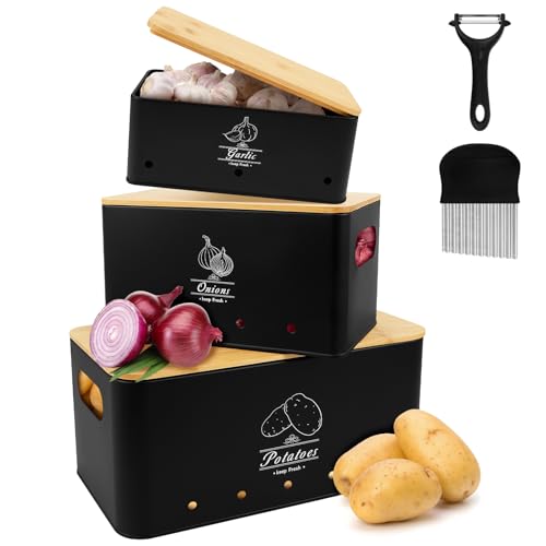 BUTORY Kartoffel Aufbewahrungsbox 5er Set GemüSe Aufbewahrungsbox Küche Mit Sparschäler Und Wellenschneider FüR Knoblauch Zwiebel Kartoffel Aufbewahrung von BUTORY