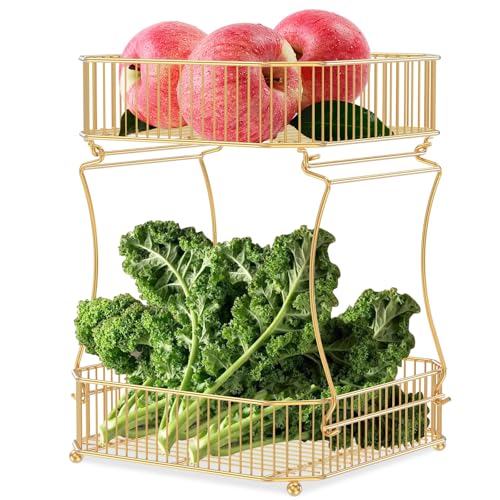 BUTORY Metall 2 -Tier -Arbeitsplatte Fruchtkorb abnehmbarer Obststandhalter Organizer Mehrzweckproduktion Vorrangkorb für Küchentheke(golden,1) von BUTORY