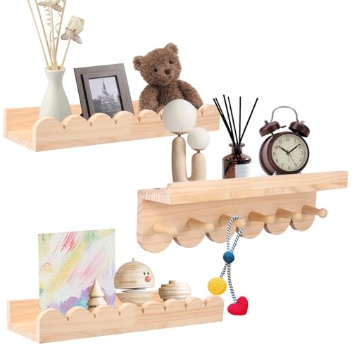 BUTORY Überbackene Holzwandlagerregal mit Haken Starker Tragholz Holz schwimmendem Wandregal 40x12x5 cm für Kinderzimmer Wohnzimmer Kleinkindzimmer(Protokollfarbe,3-teiliges Set) von BUTORY
