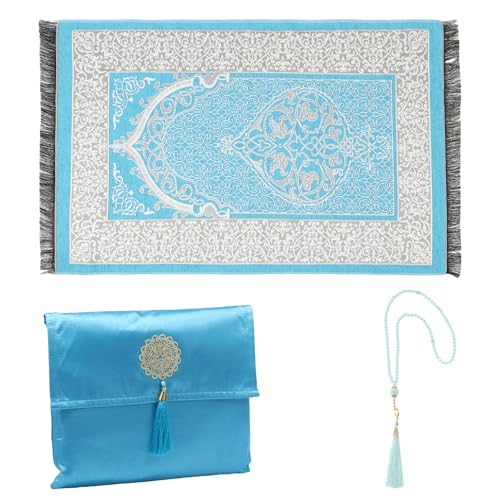 BUTORY Weiche Taschengebetsmatte mit Perle und Beutelklappbares Quasten Dekor tragbare Gebet Teppich zum Ausgehen aus Reisen Gebrauch(Blauer See,1 Set) von BUTORY