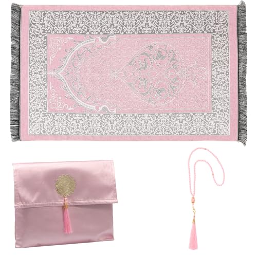BUTORY Weiche Taschengebetsmatte mit Perle und Beutelklappbares Quasten Dekor tragbare Gebet Teppich zum Ausgehen aus Reisen Gebrauch(Rosa,1 Set) von BUTORY